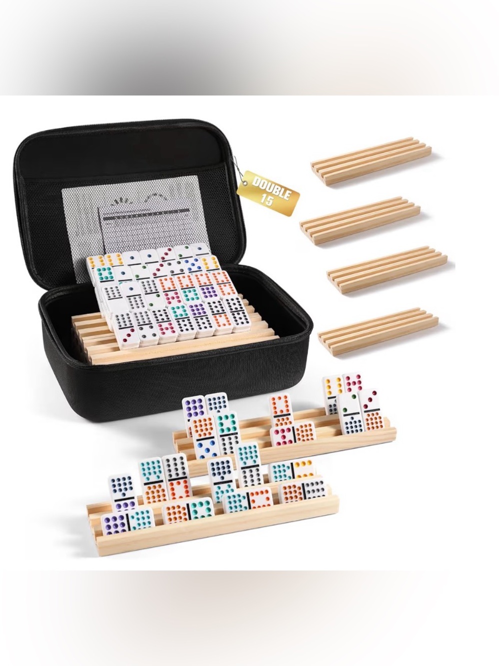 Mexican Train Domino Game,136 Tiles Double 15,8 Player,Wooden Trays,Zipper Case